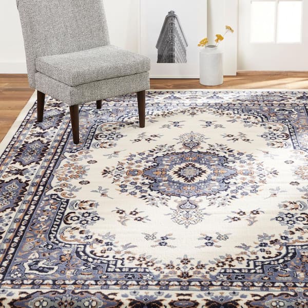 Premium Sakarya Ivory/Blue 4 ft. x 5 ft. Medallion Area Rug