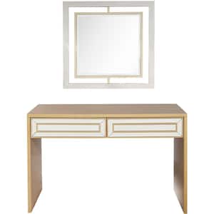 Virginia Wall Mirror 48 in. Gold Rectangle Mirrored Glass Console Table with Drawers