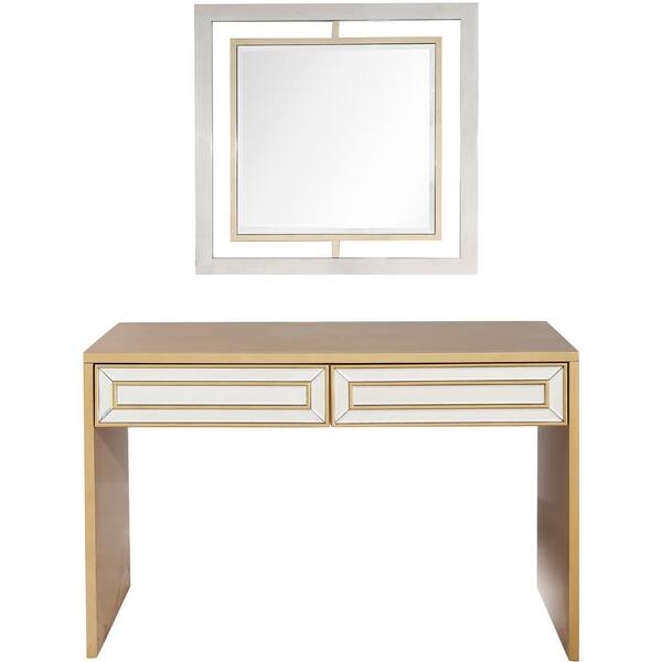 Camden Isle Virginia Wall Mirror 48 in. Gold Rectangle Mirrored Glass Console Table with Drawers
