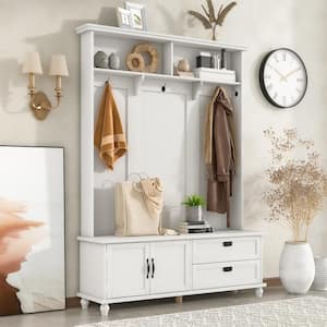 White Modern Style 59 in. W Hall Tree with Storage Cabinet and 2 Large Drawers, and 5 Coat Hooks