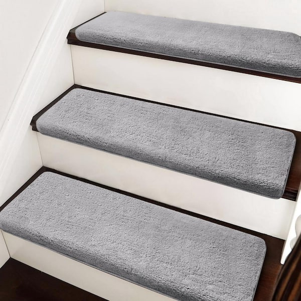 PURE ERA Soft Plush Light Gray 9.5 in. x 30 in. x 1.2 in. Bullnose Indoor Stair Tread Cover Tape Free Non-slip Carpet Set of 14