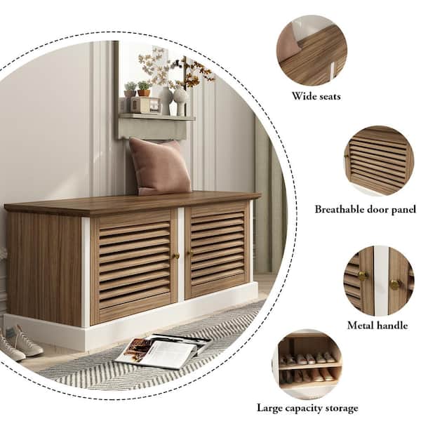 FUFU&GAGA 15.7 in. D x 43.3 in. W, Brown Wood Shoe Storage Bench