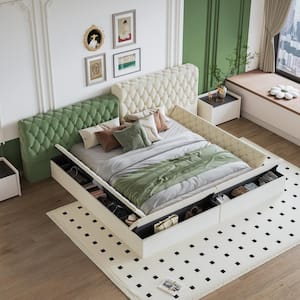 Button Tufting Beige Wood Frame King Size Polyester Platform Bed with Storage Compartments in Rails and Footboard