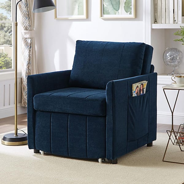 Esmar Modern 31.5 in. Blue Chenille Upholstered Twin Size Pull-Out Sofa Bed with Adjustable Backrest and Storage Basket