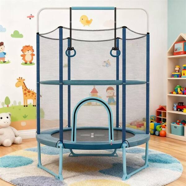 60 in. Mini Trampoline for Kids, 5 ft. Indoor/Outdoor 3 in 1 Toddler Trampoline w/Gymnastic Bar and Rings, Blue