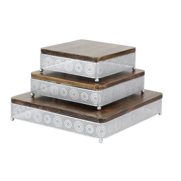 Litton Lane Metallic Silver Square Decorative Trays with Circular Details (Set of 3)