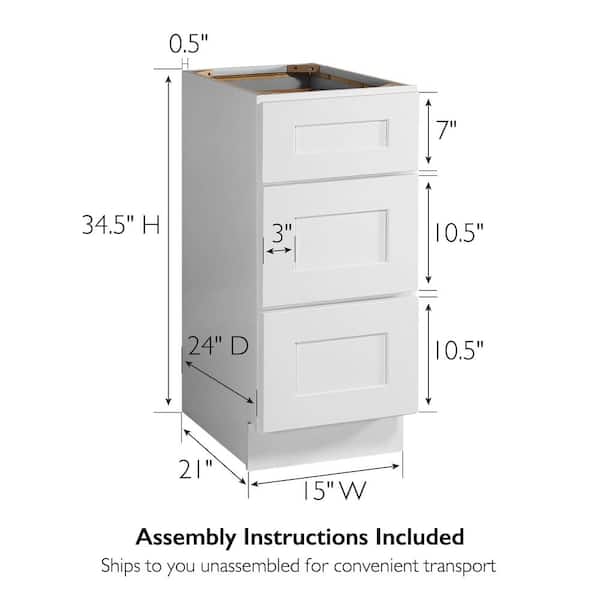 Design House Brookings Solid Wood Assembled Shaker 15 in. x 34.5 in. x 24 in. 3 Drawer Base Kitchen Cabinet with 3DB15 in White
