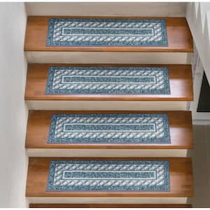 Basics Collection Non-Slip Rubberback Modern Bordered 8.5 in. x 26 in. Indoor Stair Treads, 7 Pack, Navy