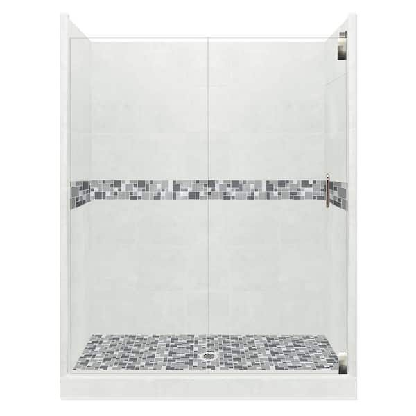 American Bath Factory Newport Grand Hinged 42 in. x 48 in. x 80 in. Center Drain Alcove Shower Kit in Natural Buff and Satin Nickel Hardware