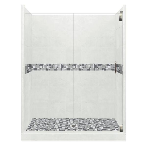 American Bath Factory Newport Grand Hinged 34 in. x 60 in. x 80 in. Center Drain Alcove Shower Kit in Natural Buff and Satin Nickel Hardware