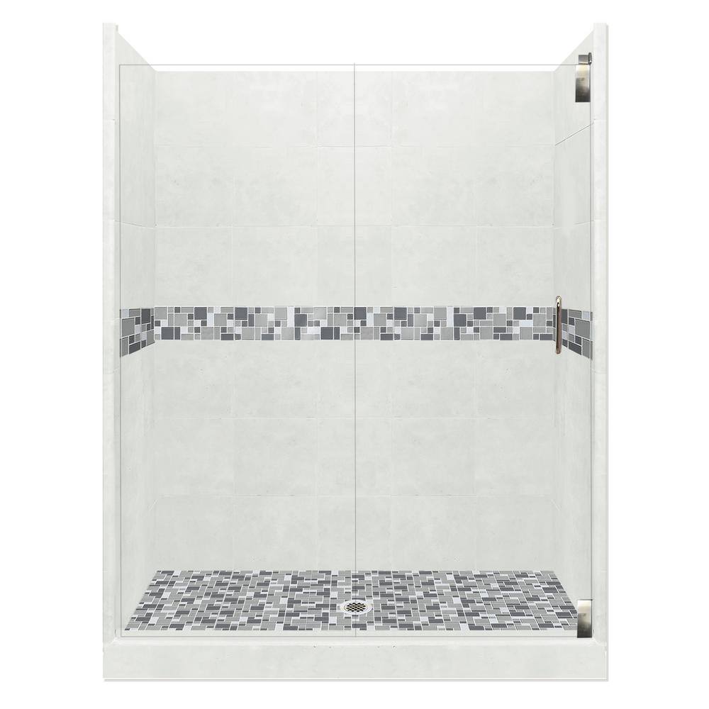 Newport Grand Hinged 42 in. x 60 in. x 80 in. Center Drain Alcove Shower Kit in Natural Buff and Satin Nickel Hardware price history on PriceWatchPro