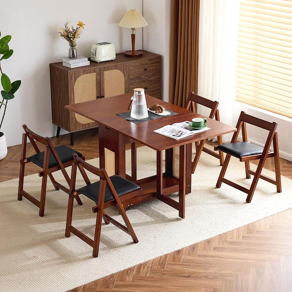 5 Piece Walnut Rectangular Wood Top Fodling Dining Table Set Seats 5