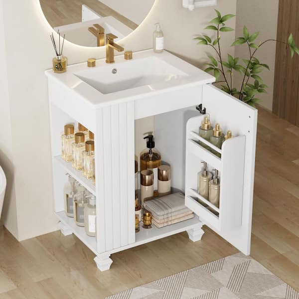 24 in. W Modern White Bath Vanity with White Ceramic Top, Side Open Storage and Elegant Metal Handle