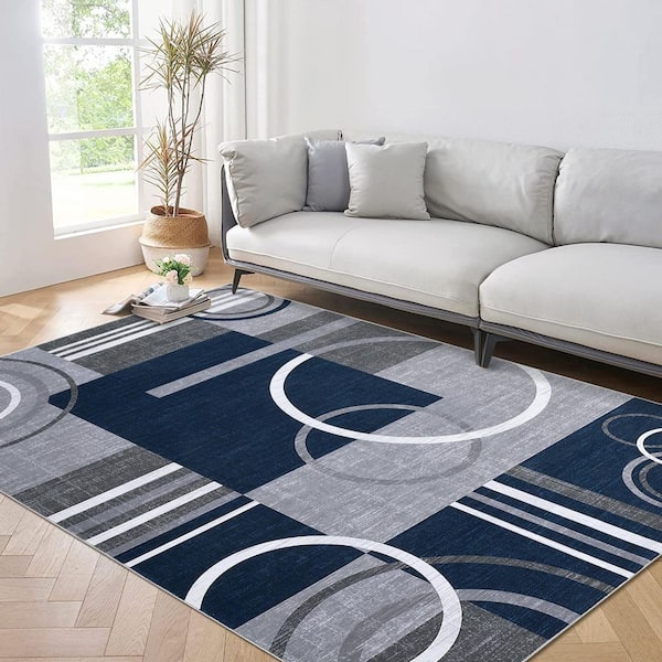 Dark Blue 10x13ft Geometric Abstract Washable Area Rug