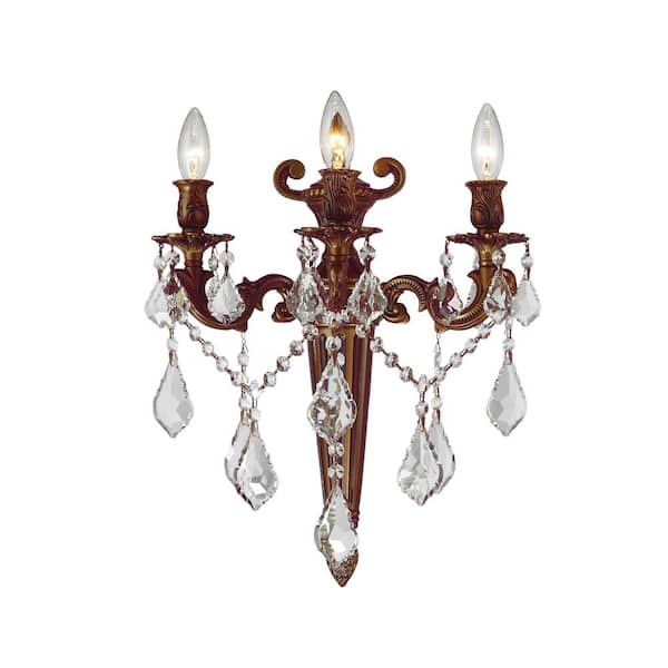 Worldwide Lighting Versailles Collection 3-Light French Gold Crystal Torch Wall Sconce