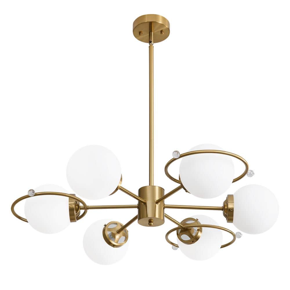 Gold Brass 6-Light Sputnik Chandelier with Milk Glass Shades