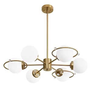 Modern 6-Light Gold Sputnik Chandeliers with Milk White Glass Shade and Height Adjustable, Bulbs Not Included