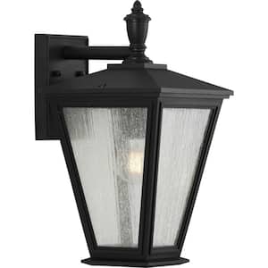 Cardiff Collection 1-Light Textured Black Clear Seeded Glass New Traditional Outdoor Medium Wall Lantern Light