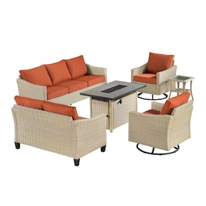 Oconee Beige 6-Piece Wicker Outdoor Patio Conversation Sofa Loveseat Set with a Fire Pit and Orange Red Cushions