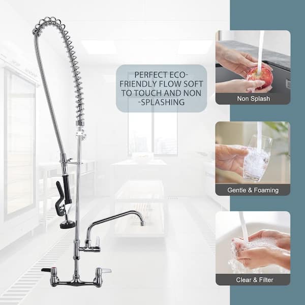 Commercial Triple Handle Wall Mount 43 in. Pull Down Sprayer Kitchen Faucet with Pre-Rinse Sprayer Solid Brass in Chrome