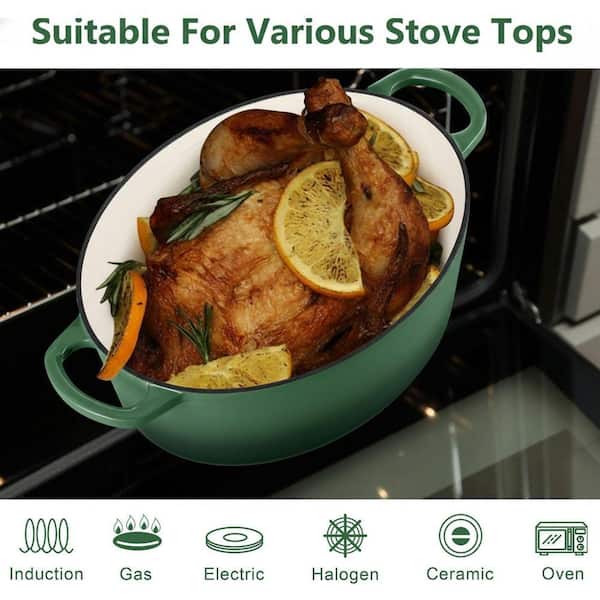 UUDULY 7 qt. Oval Enameled Cast Iron Dutch Oven in Basil Green