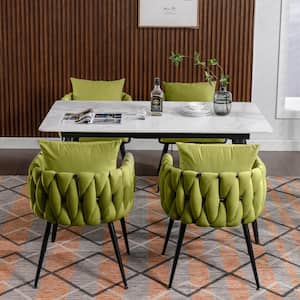 Set of 2 Hand Weaving Velvet Upholstered Accent Dining Chair Side Chair with Black Metal Legs, Green