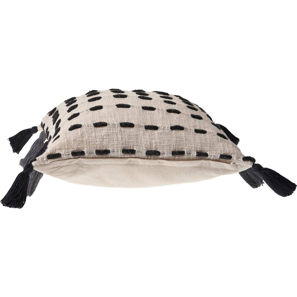 Square Black and Cream Embroidered Tasseled Throw Pillow