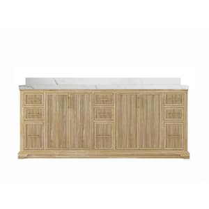 Alys Teak 84 in. W x 22 in. D x 36 in. H Double Sink Bath Vanity in Whitewashed with 2 in. Calacatta Quartz Top
