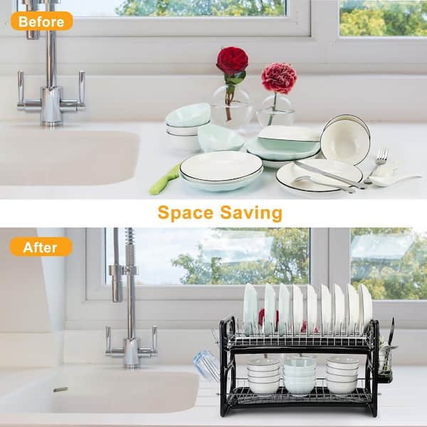 Aoibox 2 Tier Black Countertop Dish Rack, Anti-rust Dish Drying Drainer Shelf with Tableware Holder Cup Holder, Drainboard Set