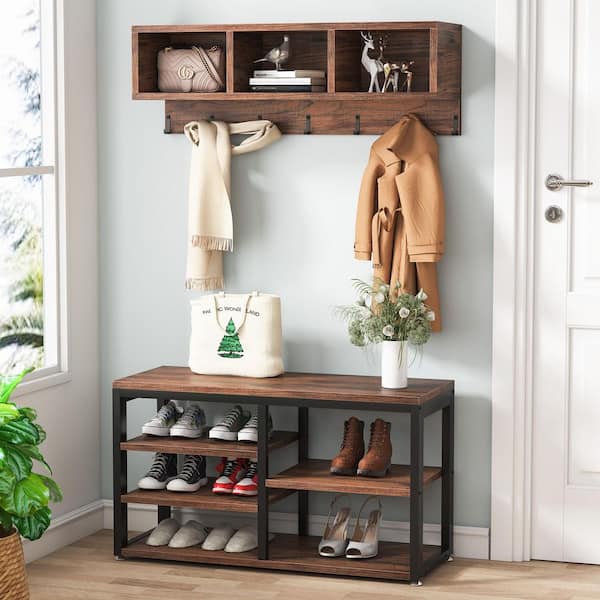 Carmalita Brown Wood Shoe Storage Bench Shoe Rack Set 3-Storage Bins 7-Hooks Modern Industry Farmhouse Entryway Hallway