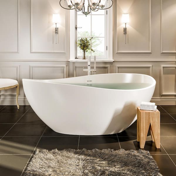 Cloud 63 in. X 38 in. Solid Surface Soaking Bathtub with Center Drain in White