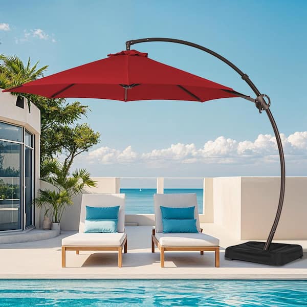 JEAREY 12 ft. Large Outdoor Aluminum Curvy Cantilever Offset Hanging Patio Umbrella with Sandbag Base and Cover in Red