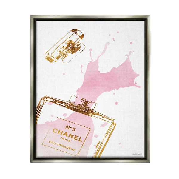 The Stupell Home Decor Collection Glam Perfume Bottle Splash Pink Gold by Amanda Greenwood Floater Frame Culture Wall Art Print 25 in. x 31 in.