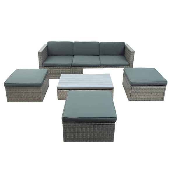 waelph Brown 5-Piece Wicker Adjustable Backrest Patio Conversation Set with Gray Cushions, Ottomans and Lift Top Coffee Table