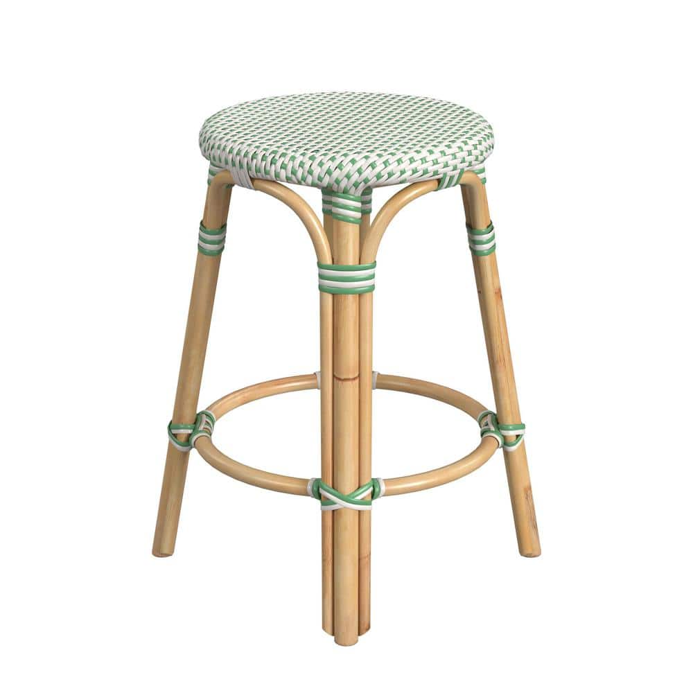 White and Green Dot Rattan Backless Counter Stool