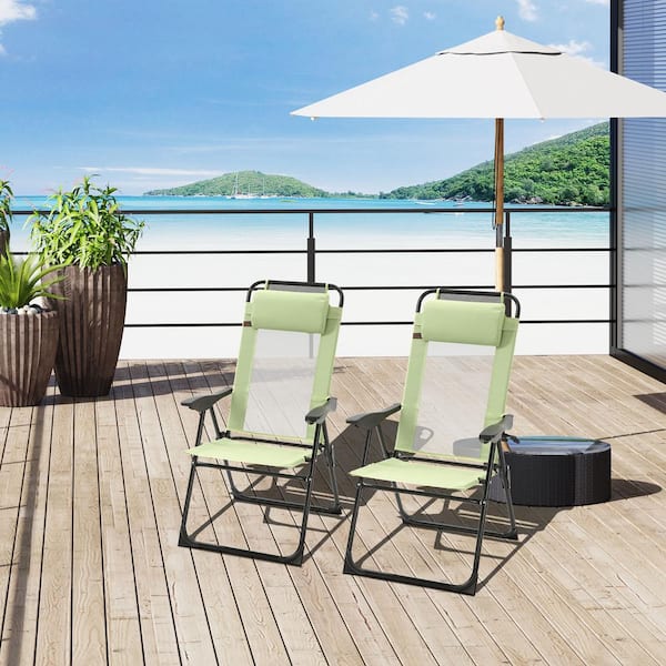 Green Metal Outdoor Chaise Lounge, Folding Patio Chairs Set of 2, Deck Chair with Adjustable Sling Back, Camping Chair