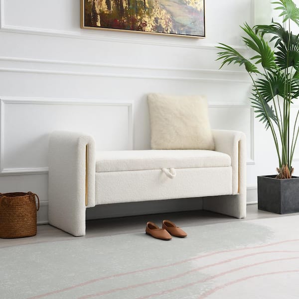Beige 52 in. Teddy Bedroom Bench with Arms and Storage Upholstered Large Foot Rest Stool Comfy Window Vanity Bench