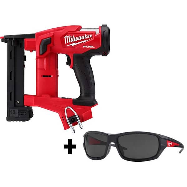 Milwaukee M18 FUEL 1/4 in. 18-Volt 18-Gauge Lithium-Ion Brushless Narrow Crown Stapler and Tinted Performance Safety Glasses
