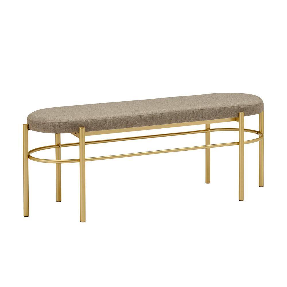 Taupe Upholstered Oval Entry Bench with Gold Frame, 48 Inch