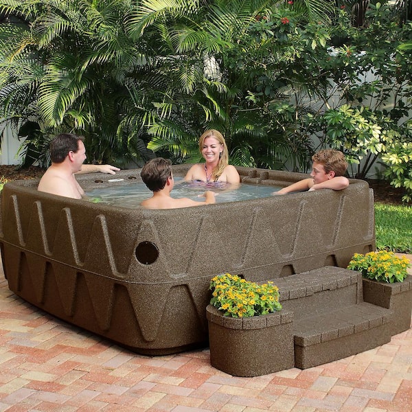 AquaRest Spas Elite 500 5-Person Plug and Play Lounger Hot Tub with 29 Stainless Jets Ozone and LED Waterfall in Brownstone