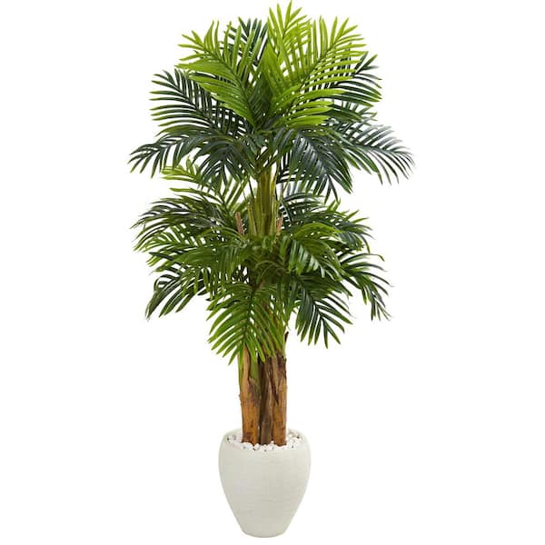 Nearly Natural Indoor 5.5 ft. Triple Areca Palm Artificial Tree in White Planter