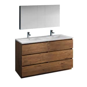 Lazzaro 60 in. Modern Double Bathroom Vanity in Rosewood with Vanity Top in White with White Basins and Medicine Cabinet