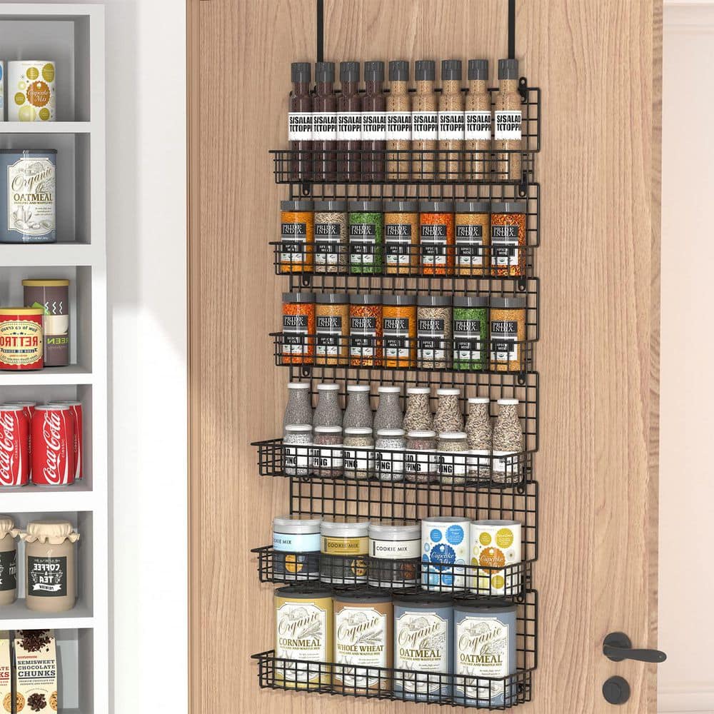 Wudkey 6-Tier Black Spice Rack Organizer with Door Hook, Wall