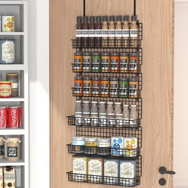 6-Tier Black Spice Rack Organizer with Door Hook, Wall Mounted Over the Door Spice Racks for Kitchen Pantry Cabinet