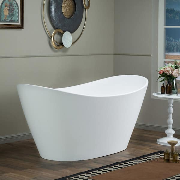 59 in. L x 29.5 in. W Solid Surface Stone Resin Freestanding Soaking Bathtub with Center Drain in Matte White