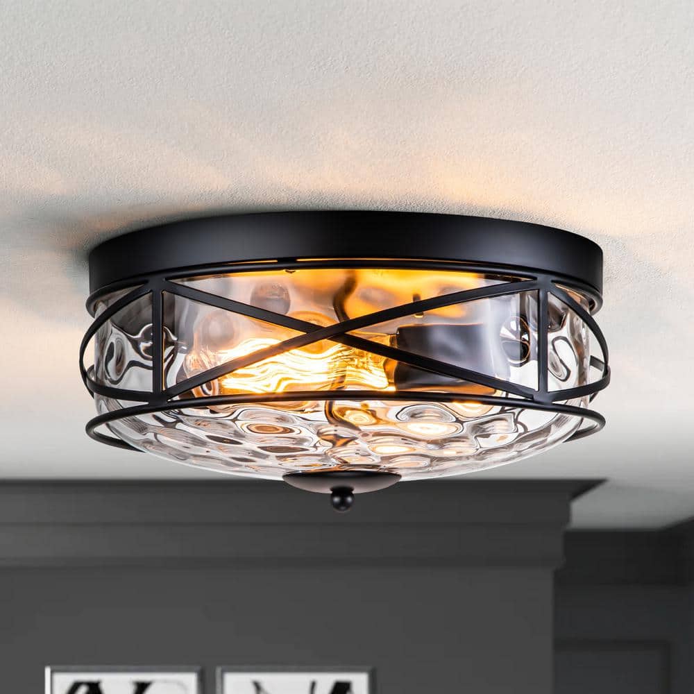 Kourtney 12 in. 2-Light Black Flush Mount Mid-Century Industrial Rustic with Water Stone Glass Shade price history on PriceWatchPro