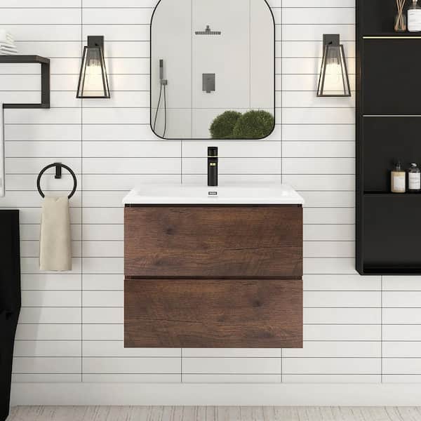 JimsMaison 24 in. W x 18 in. D x 21 in. H Single Sink Floating Bath Vanity in Walnut with White Ceramic Top