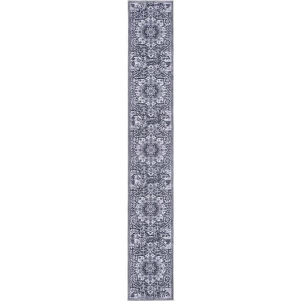 Renaissance Roma Dark Gray 2 ft. x 13 ft. Runner Machine Washable Area Rug