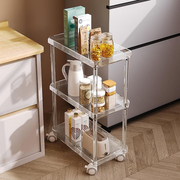 3-Shelf Clear Durable Acrylic Slim Rolling Storage Cart with 4 Wheels and Brakes for Daily Use in Tight Spaces