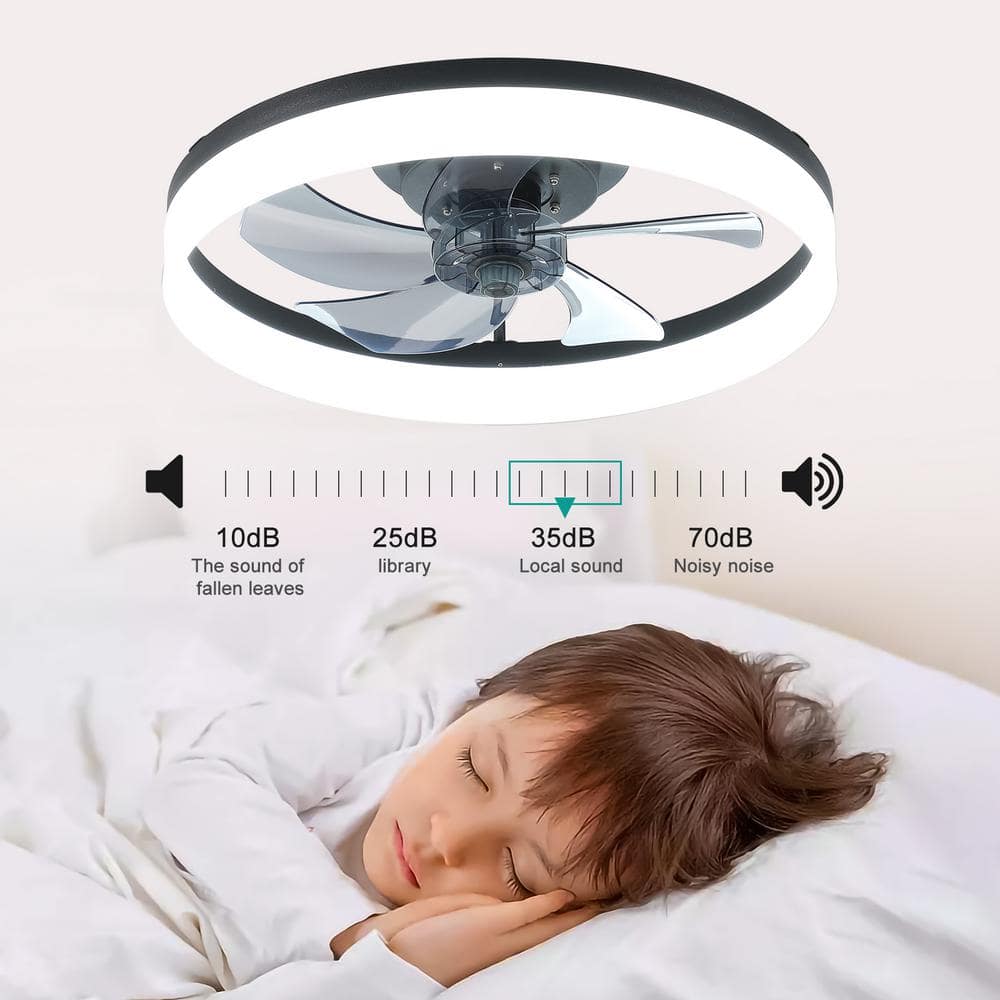 Modern Black Flush Mount Ceiling Fan with LED Light and Remote Control